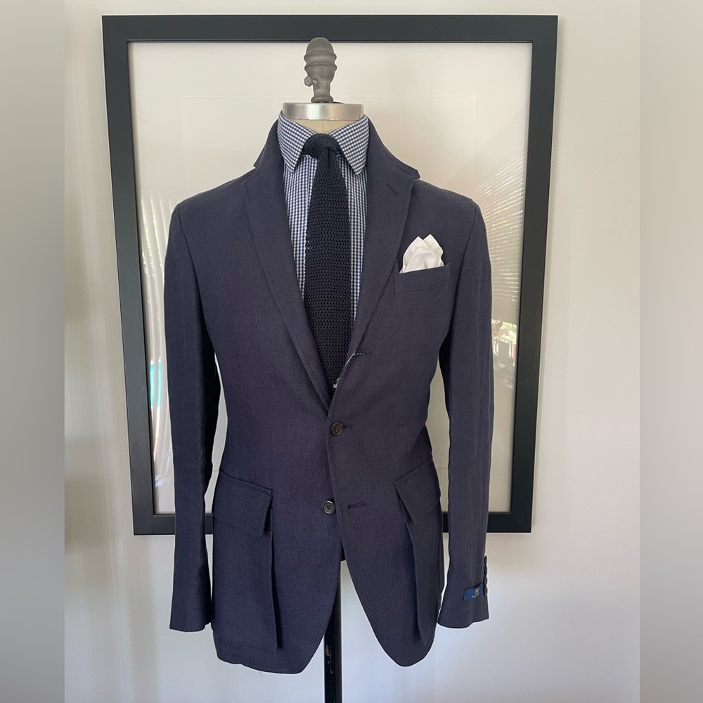 Polo Ralph Lauren navy linen herringbone w/patch pocket. Partial upper lining.